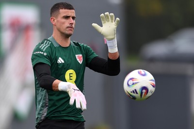 121025 - Wales Football Training - Karl Darlow of Wales during a training session ahead of tomorrows World Cup qualifier match against Belgium