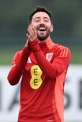 121025 - Wales Football Training - Josh Sheehan of Wales during a training session ahead of tomorrows World Cup qualifier match against Belgium