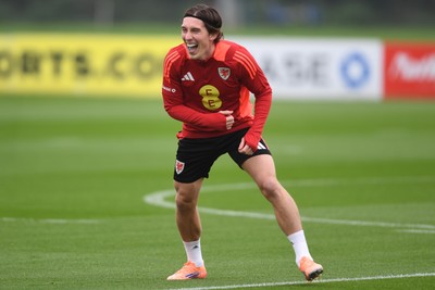 121025 - Wales Football Training - Harry Wilson of Wales during a training session ahead of tomorrows World Cup qualifier match against Belgium