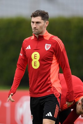 121025 - Wales Football Training - Ben Davies of Wales during a training session ahead of tomorrows World Cup qualifier match against Belgium