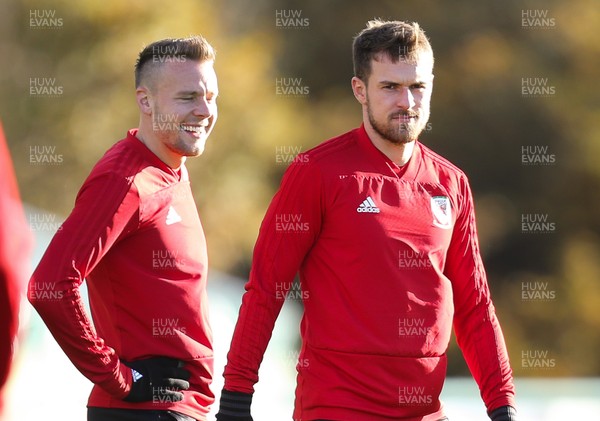 121118 - Wales Football Training Session - Chris Gunter of Wales and Aaron Ramsey of Wales  during training session ahead of their Nations League match against Denmark