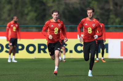 190325  Wales Men Football Training - Ben Davies and Joe Rodon during a Wales training session ahead of the 2026 World Cup Qualifiers with Kazakhstan and North Macedonia