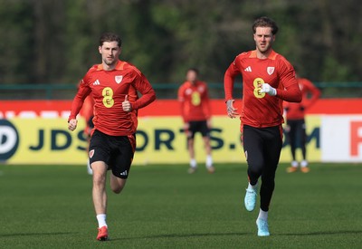 190325  Wales Men Football Training - Ben Davies and Joe Rodon during a Wales training session ahead of the 2026 World Cup Qualifiers with Kazakhstan and North Macedonia