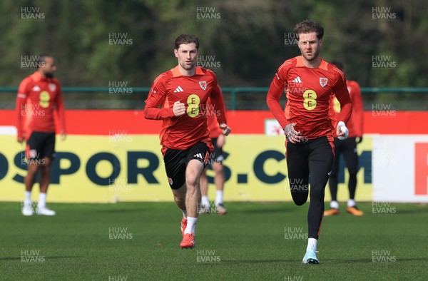 190325  Wales Men Football Training - Ben Davies and Joe Rodon during a Wales training session ahead of the 2026 World Cup Qualifiers with Kazakhstan and North Macedonia