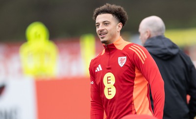 200324 - Wales Football Training Session - Ethan Ampadu during training session ahead of Wales’  Euro 2024 qualifying play-off semi-final against Finland