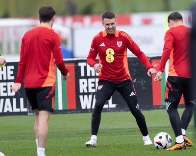 200324 - Wales Football Training Session - Aaron Ramsey during training session ahead of Wales’  Euro 2024 qualifying play-off semi-final against Finland