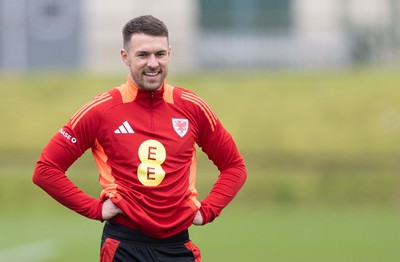 200324 - Wales Football Training Session - Aaron Ramsey during training session ahead of Wales’  Euro 2024 qualifying play-off semi-final against Finland