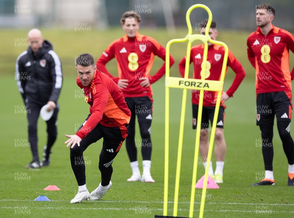 200324 - Wales Football Training Session - Aaron Ramsey during training session ahead of Wales’  Euro 2024 qualifying play-off semi-final against Finland