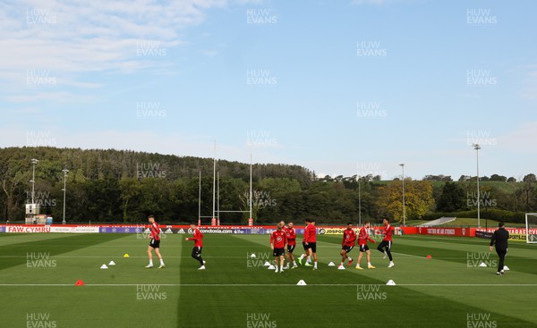 200922 - Wales Football training session - Members of the Wales squad warm up during training session ahead of their nations League matches against Belgium and Poland