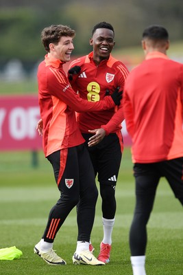 210325 - Wales Football Training - Lewis Koumas and Rabbi Matondo ahead of the 2026 World Cup Qualifier with Kazakhstan 