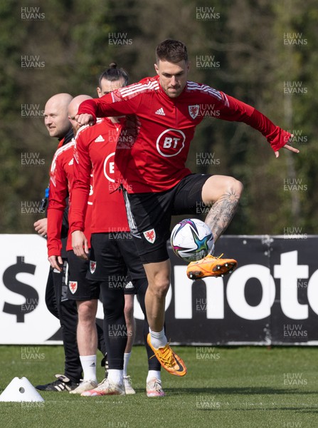 230322 Wales Football Training - Aaron Ramsey during a Wales football training session ahead of the World Cup Qualifier play off semi final match against Austria