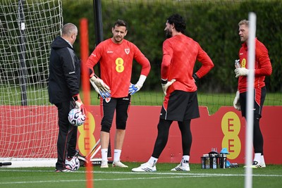 230926 - Wales Football Training - Goalkeepers, Danny Ward, Tom King and David Cornell during training ahead of their upcoming Nations League match against Portugal