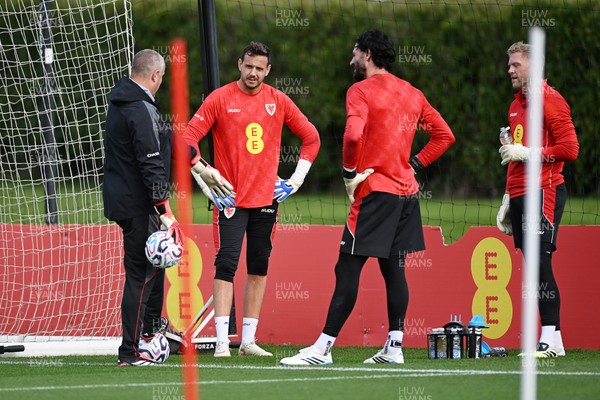 230926 - Wales Football Training - Goalkeepers, Danny Ward, Tom King and David Cornell during training ahead of their upcoming Nations League match against Portugal