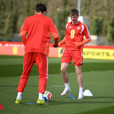 250326 - Wales Football Training - Dylan Lawlor of Wales during training ahead of their World Cup play-off match against Bosnia-Herzegovina