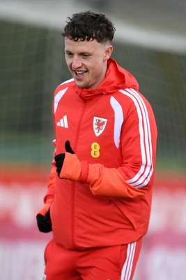 250326 - Wales Football Training - Nathan Broadhead of Wales during training ahead of their World Cup play-off match against Bosnia-Herzegovina