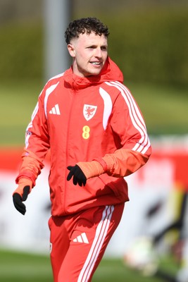 250326 - Wales Football Training - Nathan Broadhead of Wales during training ahead of their World Cup play-off match against Bosnia-Herzegovina