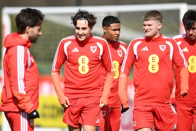 250326 - Wales Football Training - Joel Colwill and Jordan James of Wales during training ahead of their World Cup play-off match against Bosnia-Herzegovina