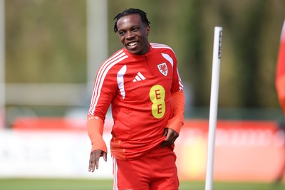 250326 - Wales Football Training - Ronan Kpakio of Wales during training ahead of their World Cup play-off match against Bosnia-Herzegovina