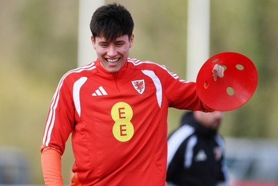 250326 - Wales Football Training - Rubin Colwill of Wales during training ahead of their World Cup play-off match against Bosnia-Herzegovina