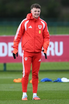 250326 - Wales Football Training - Nathan Broadhead of Wales during training ahead of their World Cup play-off match against Bosnia-Herzegovina