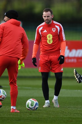 250326 - Wales Football Training - Rhys Norrington-Davies of Wales during training ahead of their World Cup play-off match against Bosnia-Herzegovina