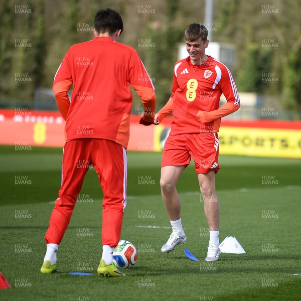 250326 - Wales Football Training - Dylan Lawlor of Wales during training ahead of their World Cup play-off match against Bosnia-Herzegovina