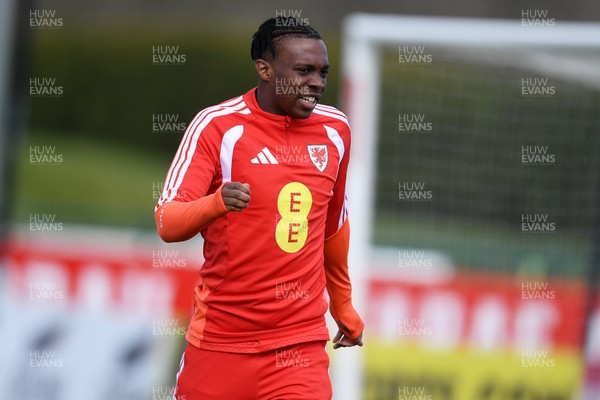 250326 - Wales Football Training - Ronan Kpakio of Wales during training ahead of their World Cup play-off match against Bosnia-Herzegovina