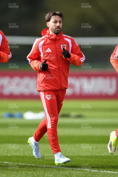 250326 - Wales Football Training - Josh Sheehan of Wales during training ahead of their World Cup play-off match against Bosnia-Herzegovina
