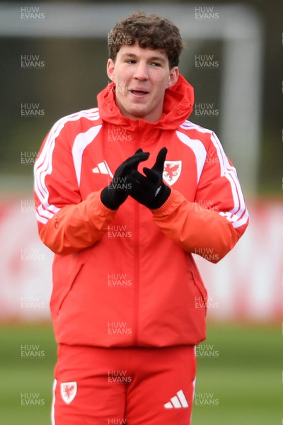 250326 - Wales Football Training - Lewis Koumas of Wales during training ahead of their World Cup play-off match against Bosnia-Herzegovina