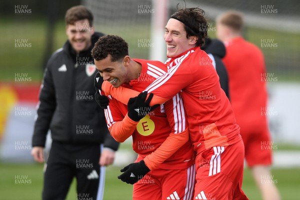250326 - Wales Football Training - Brennan Johnson and Harry Wilson of Wales during training ahead of their World Cup play-off match against Bosnia-Herzegovina