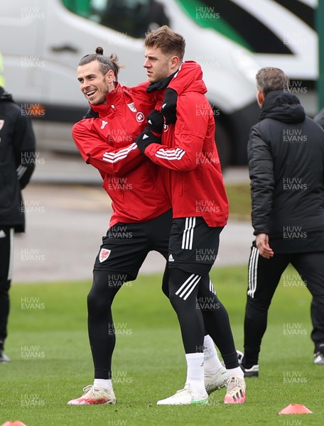 260321 - Wales Football Training - Gareth Bale and Joe Rodon during training