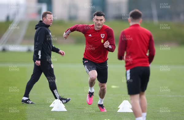 270323 - Wales Football Training session - Kieffer Moore during a training session ahead of the Euro Qualifying match against Latvia