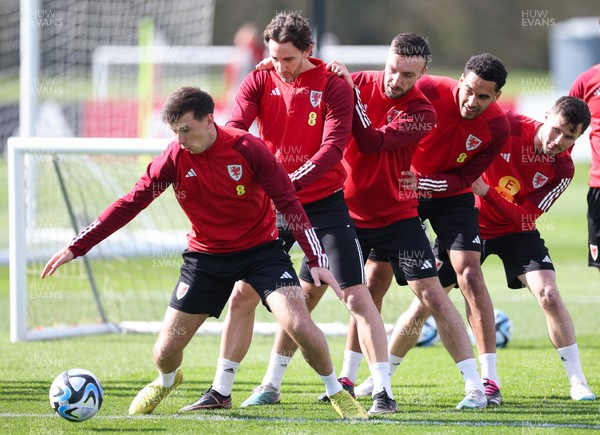 270323 - Wales Football Training session - Wales’  Mark Harris Tom Lockyer, Morgan Fox, Ben Cabango and Liam Cullen during a training session ahead of the Euro Qualifying match against Latvia
