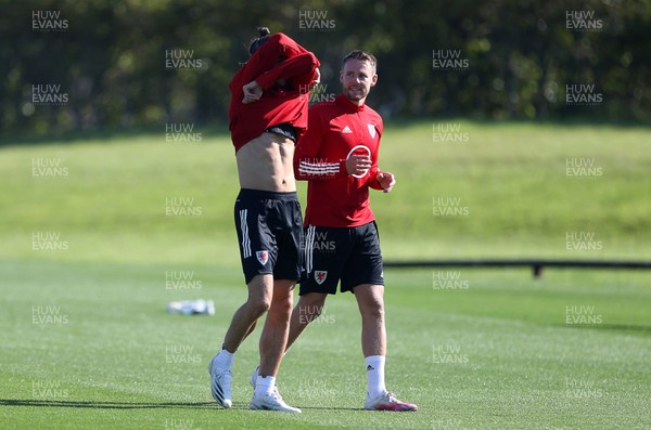 310820 - Wales Football Training - Gareth Bale and Chris Gunter during training ahead of their UEFA Nations League game against Finland