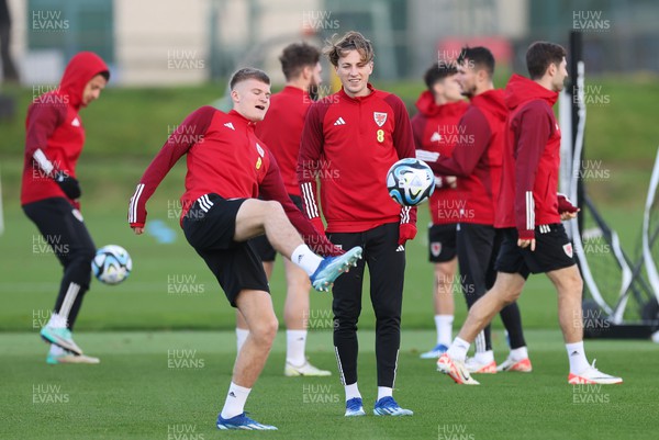 131123 - Wales Football Training Session - Jordan James plays the ball during a training session ahead of the Euro 2024 Qualifying matches against Armenia and Turkey