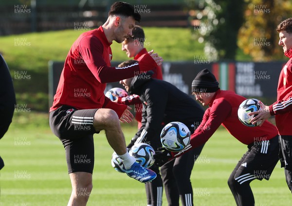 131123 - Wales Football Training Session - Kieffer Moore during a training session ahead of the Euro 2024 Qualifying matches against Armenia and Turkey