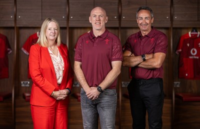 070825 - Picture shows new Wales Senior Mens Head Coach Steve Tandy with Chief Executive Abi Tierney and Director of Rugby and Elite Performance Dave Reddin at the Principality Stadium today