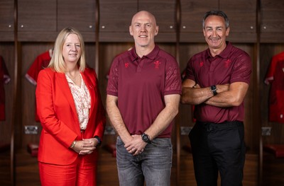 070825 - Picture shows new Wales Senior Mens Head Coach Steve Tandy with Chief Executive Abi Tierney and Director of Rugby and Elite Performance Dave Reddin at the Principality Stadium today