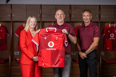 070825 - Picture shows new Wales Senior Mens Head Coach Steve Tandy with Chief Executive Abi Tierney and Director of Rugby and Elite Performance Dave Reddin at the Principality Stadium today