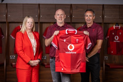 070825 - Picture shows new Wales Senior Mens Head Coach Steve Tandy with Chief Executive Abi Tierney and Director of Rugby and Elite Performance Dave Reddin at the Principality Stadium today