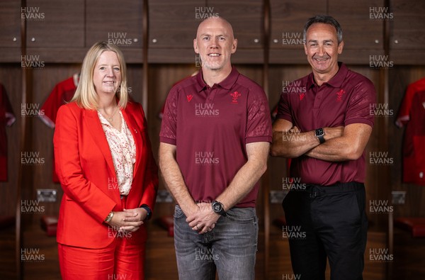 070825 - Picture shows new Wales Senior Mens Head Coach Steve Tandy with Chief Executive Abi Tierney and Director of Rugby and Elite Performance Dave Reddin at the Principality Stadium today