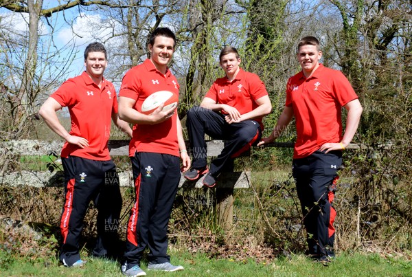 260413 - Wales Junior World Cup Squad Announcement -Sion Bennett(Scarlets), Captain Ellis Jenkins(Cardiff Blues), Elliot Dee(Dragons) and Rhodri Hughes(Ospreys) after being named in Wales Junior World Cup squad 