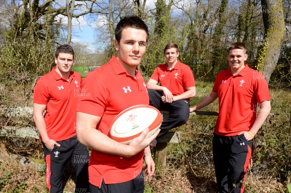 260413 - Wales Junior World Cup Squad Announcement -Sion Bennett(Scarlets), Captain Ellis Jenkins(Cardiff Blues), Elliot Dee(Dragons) and Rhodri Hughes(Ospreys) after being named in Wales Junior World Cup squad 