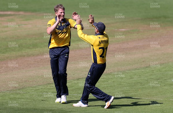 310722 - Wales National County v Glamorgan - One Day Tour Match - Timm Van Der Gugten of Glamorgan celebrates taking the wicket of Alex Horton who was caught by Sam Northeast