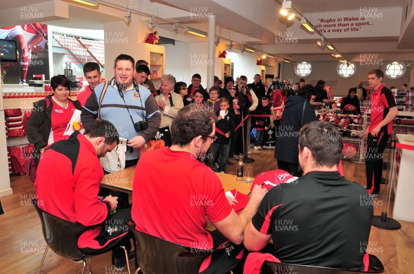 180412- Wales players signing- Jamie Roberts, Lou Reed and Huw Bennett signing autographs at the Cardiff Arms Shop
