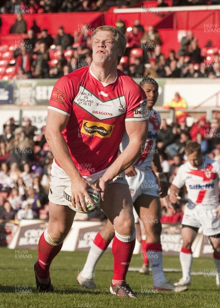 251012 -  Wales v England - Rugby League -     Dan Fleming of Wales, right, celebrates after scoring   