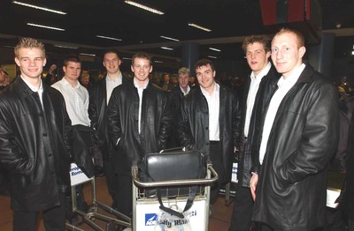 130203 - Wales Rugby - (L-R) Dwayne Peel, Ceri Sweeney, Gethin Jenkins, Kevin Morgan, Iestyn Harris, Dafydd Jones and Tom Shanklin in their new Rockport leather jackets at Rome Airport