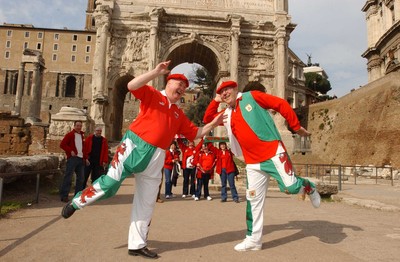 140203 - Wales Rugby in Italy - Porthcawl RAFA club supporters Howie Matthews (lt) and Malcolm Davies enjoy the sights in the 'Forum' in Rome