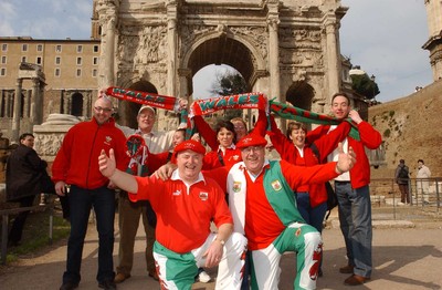 140203 - Wales Rugby in Italy - Porthcawl RAFA club supporters Howie Matthews (lt) and Malcolm Davies enjoy the sights in the 'Forum' in Rome