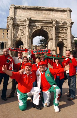 140203 - Wales Rugby in Italy - Porthcawl RAFA club supporters Howie Matthews (lt) and Malcolm Davies enjoy the sights in the 'Forum' in Rome